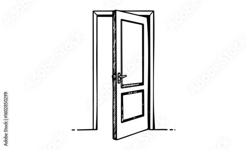 Open door sketch: simple black and white illustration of doorway. Vector retro hand drawn illustration.
