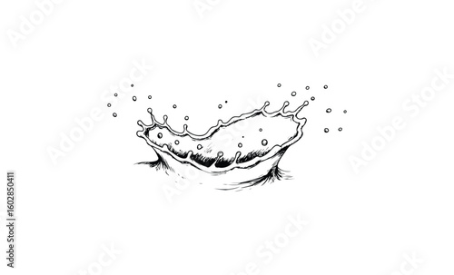 Dynamic ink splash graphic with fluid motion and droplets. Vector retro hand drawn illustration.