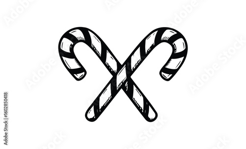 Monochrome candy canes illustration: vintage style black and white holiday sweets design. Vector retro hand drawn illustration.