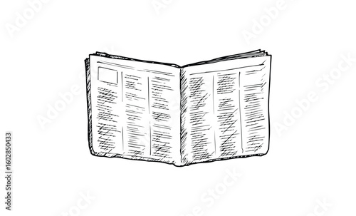 Hand-drawn newspaper sketch with articles and lines on open pages. Vector retro hand drawn illustration.