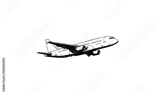 Black and white commercial airplane illustration with landing gear. Vector retro hand drawn illustration.