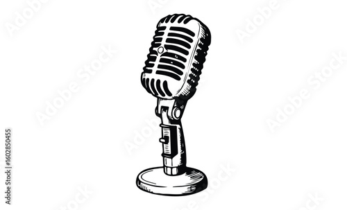 Vintage microphone drawing with retro grill design and stand. Vector retro hand drawn illustration.