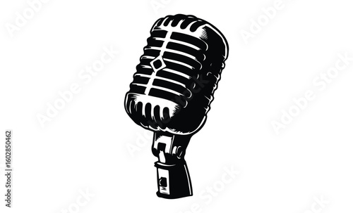 Vintage retro microphone drawing with classic design in black and white. Vector retro hand drawn illustration.