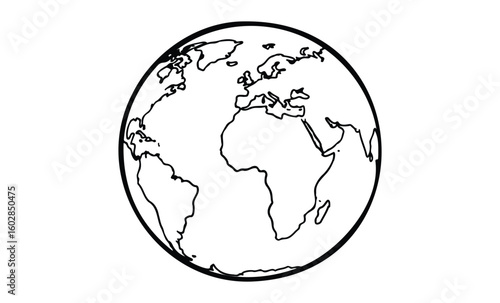 Simple black and white outline drawing of the earth showing africa, europe, and asia. Vector retro hand drawn illustration.