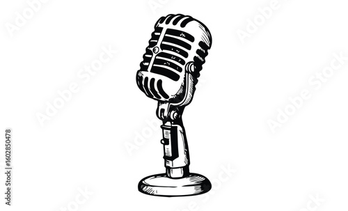 Vintage retro microphone illustration in black and white. Vector retro hand drawn illustration.