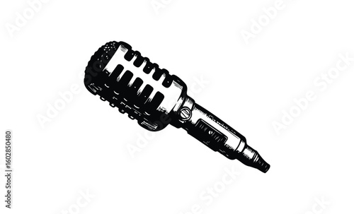 Vintage microphone illustration in black and white. Vector retro hand drawn illustration.