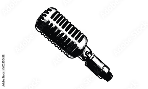 Vintage microphone illustration with retro design in black and white. Vector retro hand drawn illustration.