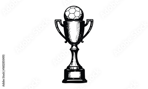 Illustrated soccer ball trophy on white background. Vector retro hand drawn illustration.