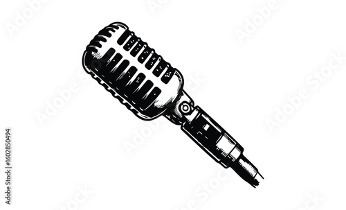 Vintage microphone illustration with detailed retro design on white background. Vector retro hand drawn illustration.