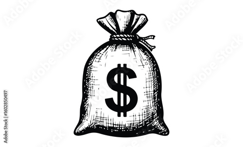 Black and white sketch of money bag with dollar symbol. Vector retro hand drawn illustration.