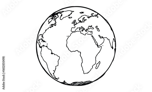 Hand-drawn globe sketch featuring africa and europe in black and white. Vector retro hand drawn illustration.