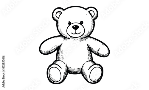 Hand-drawn teddy bear illustration with black contours on white background. Vector retro hand drawn illustration.