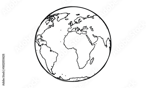 Black and white outline drawing of earth with visible continents. Vector retro hand drawn illustration.