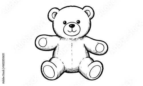 Cute illustrated teddy bear with black outlines on a white background. Vector retro hand drawn illustration.