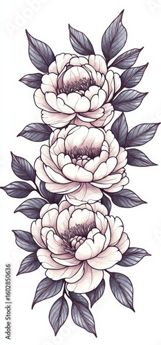 Tattoo design, Japanese-style tattoo, peonies, leaves, smoke, white background