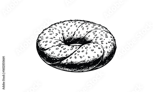 Hand-drawn bagel with sesame seeds in black and white vector style. Vector retro hand drawn illustration.