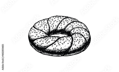 Hand-drawn twisted bagel sketch with sesame seeds on white background. Vector retro hand drawn illustration.