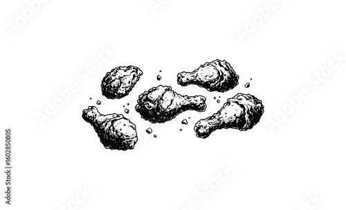 Black and white sketch of five fried chicken drumsticks with crumbs. Vector retro hand drawn illustration.