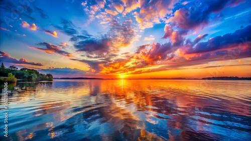 a tranquil lake reflects a vibrant sunset with colorful clouds and a golden horizon
