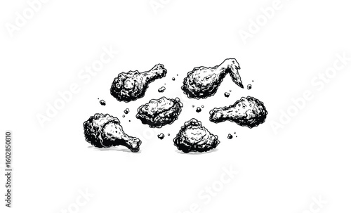 Hand-drawn black and white fried chicken pieces isolated on white background. Vector retro hand drawn illustration.