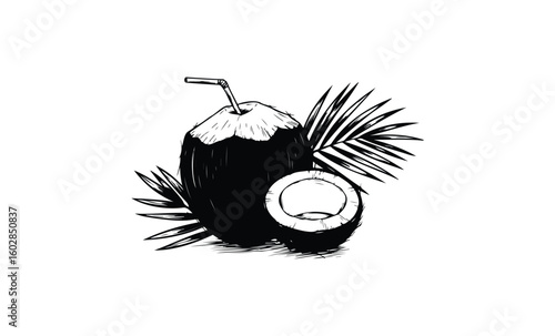 Monochrome illustration of coconut with leaves and straw. Vector retro hand drawn illustration.