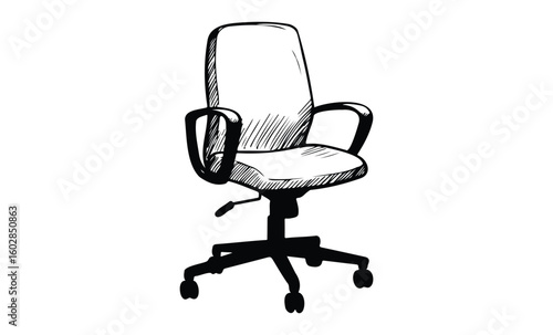Black and white sketch of an adjustable office chair with armrests and wheels. Vector retro hand drawn illustration.