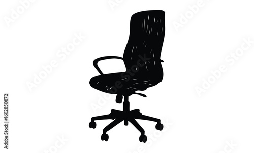 Black office chair silhouette with armrests and wheels on white background. Vector retro hand drawn illustration.