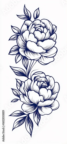 Tattoo design, Japanese-style tattoo, peonies, leaves, smoke, white background