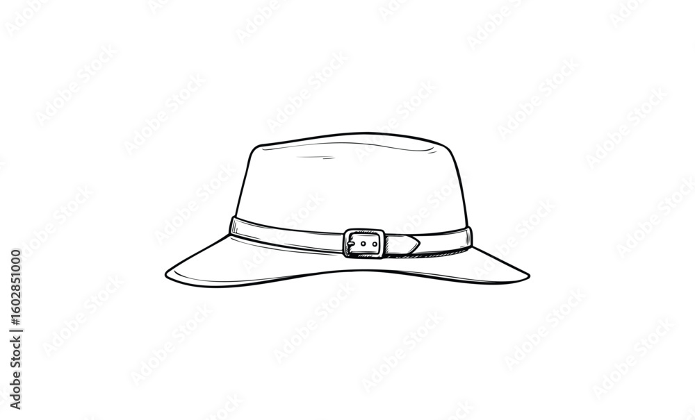 Fototapeta premium Sketch of classic fedora hat with buckle. Vector retro hand drawn illustration.