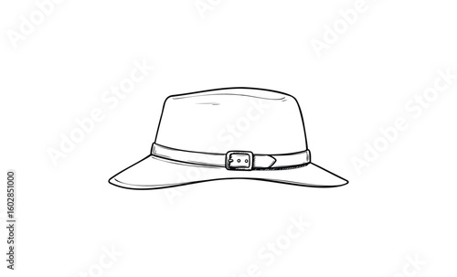 Sketch of classic fedora hat with buckle. Vector retro hand drawn illustration.