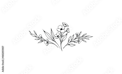Minimalistic black and white floral line art design with delicate flowers and leaves. Vector retro hand drawn illustration.