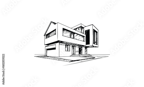Modern black and white architectural sketch of a contemporary house design. Vector retro hand drawn illustration.