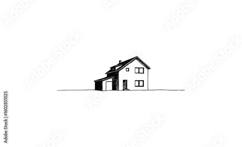 Minimalist black and white house sketch with simple lines and roof design. Vector retro hand drawn illustration.