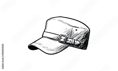 Monochrome sketch of a military cap with buckle design and detailed shading. Vector retro hand drawn illustration.