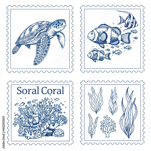 Four blue ink stamp designs featuring marine life and coral reefs postage stamp sea turtle