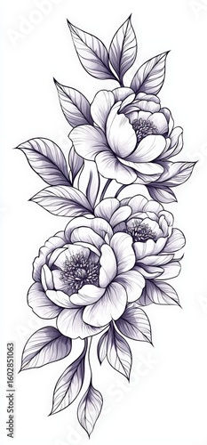 Tattoo design, Japanese-style tattoo, peonies, leaves, smoke, white background