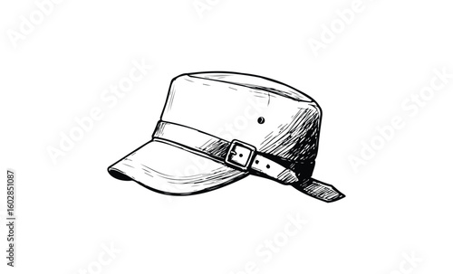 Vintage military cap sketch with buckle and strap on white background. Vector retro hand drawn illustration.