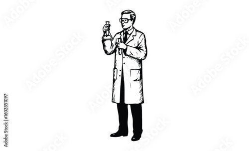 Male scientist in lab coat holding flask illustration. Vector retro hand drawn illustration.