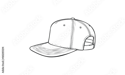 Black and white baseball cap line drawing with ventilation holes. Vector retro hand drawn illustration.