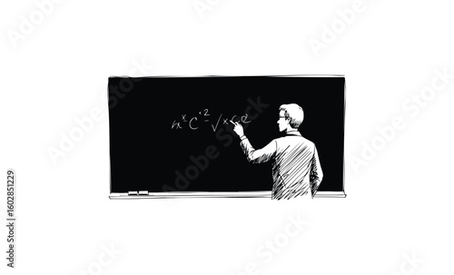 Male teacher writing mathematical formula on blackboard in classroom. Vector retro hand drawn illustration.