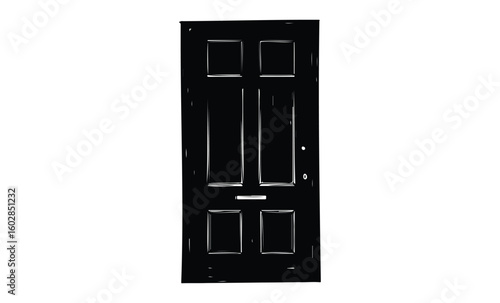 Black closed door with rectangular panels on white background. Vector retro hand drawn illustration.
