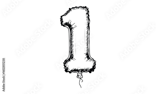 Black and white sketch of number one shaped balloon. Vector retro hand drawn illustration.