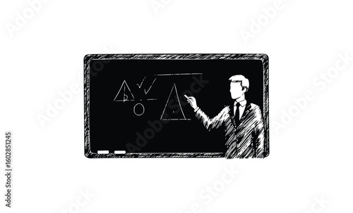 Male teacher explains geometry on blackboard in sketch art style. Vector retro hand drawn illustration.