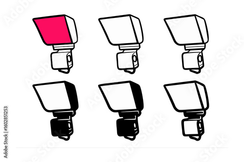 Set of six stylized illustrations of seatbelt buckles with one highlighted in vibrant pink showcasing different perspectives and colors