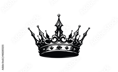 Antique ornate crown design with intricate patterns on white background. Vector retro hand drawn illustration.