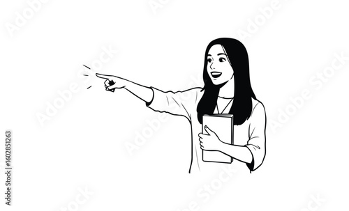 Asian female teacher pointing and holding book. Vector retro hand drawn illustration.