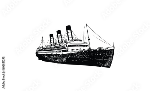 Vintage black and white drawing of iconic ocean liner. Vector retro hand drawn illustration.