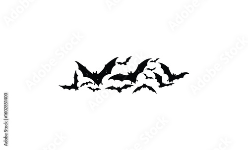 Silhouette of flying bats in formation on a white background. Vector retro hand drawn illustration.