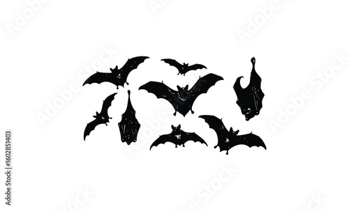 Silhouette collection of flying and hanging bats in various poses. Vector retro hand drawn illustration.