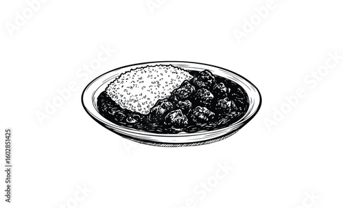 Black and white illustration of a bowl with rice and curry. Vector retro hand drawn illustration.